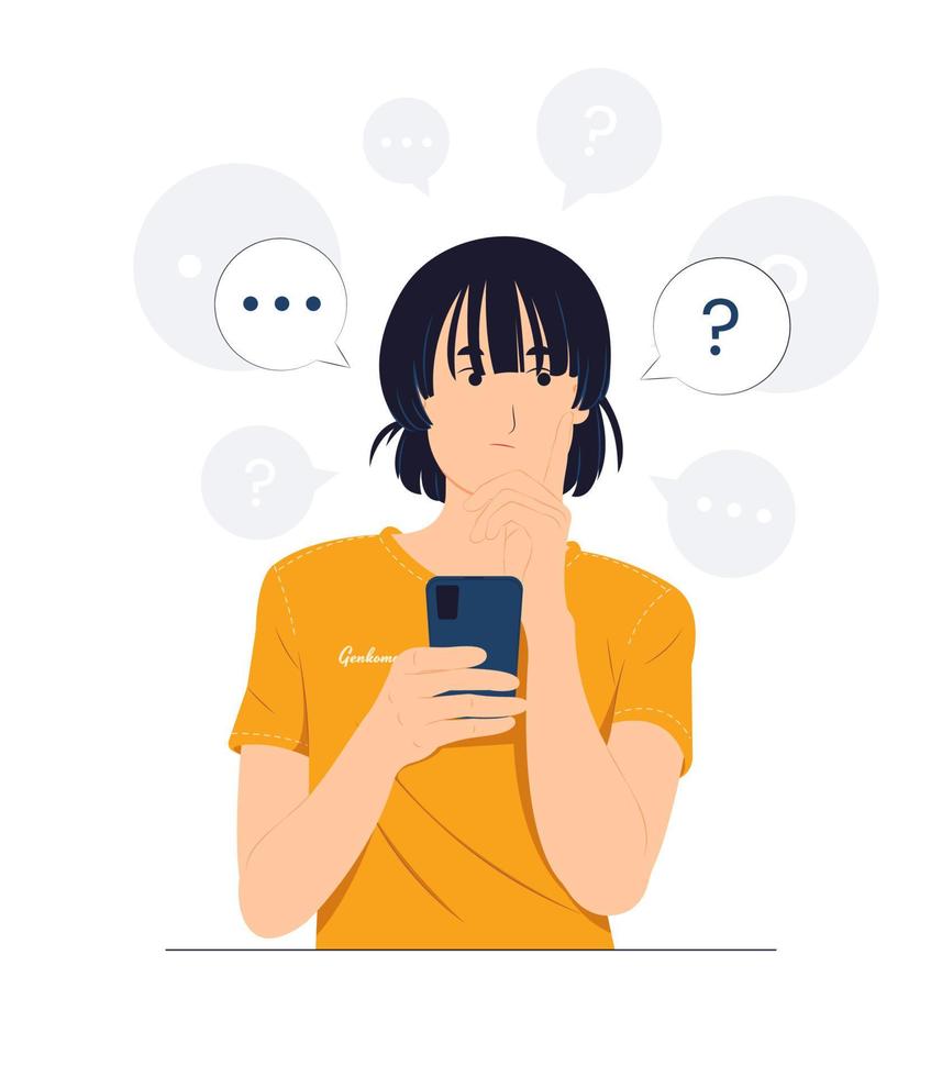 Girl feeling confused while holding a smart phone with questioned, thinking, and confused with question mark looking up with thoughtful focused expression concept illustration vector