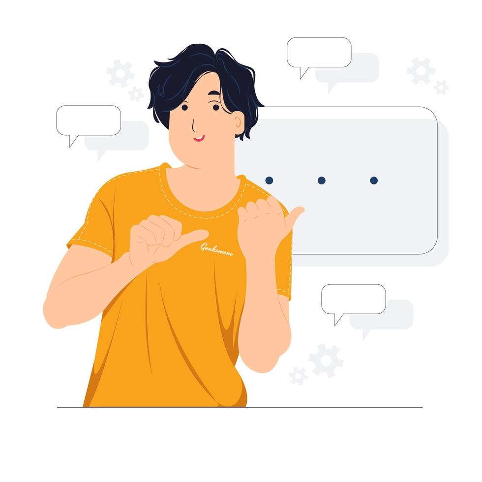 Handsome man showing and pointing fingers upper left corner with happy expression advices use this copy space wisely concept illustration vector