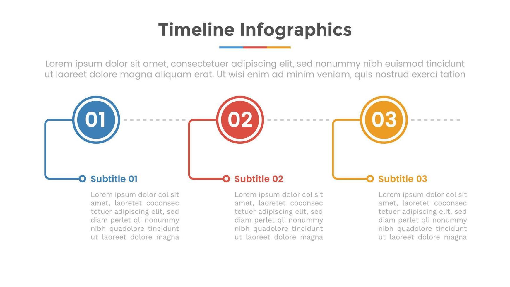 concepto de infografía de línea de tiempo con 3 o tres pasos de lista con forma de círculo y estilo plano vector