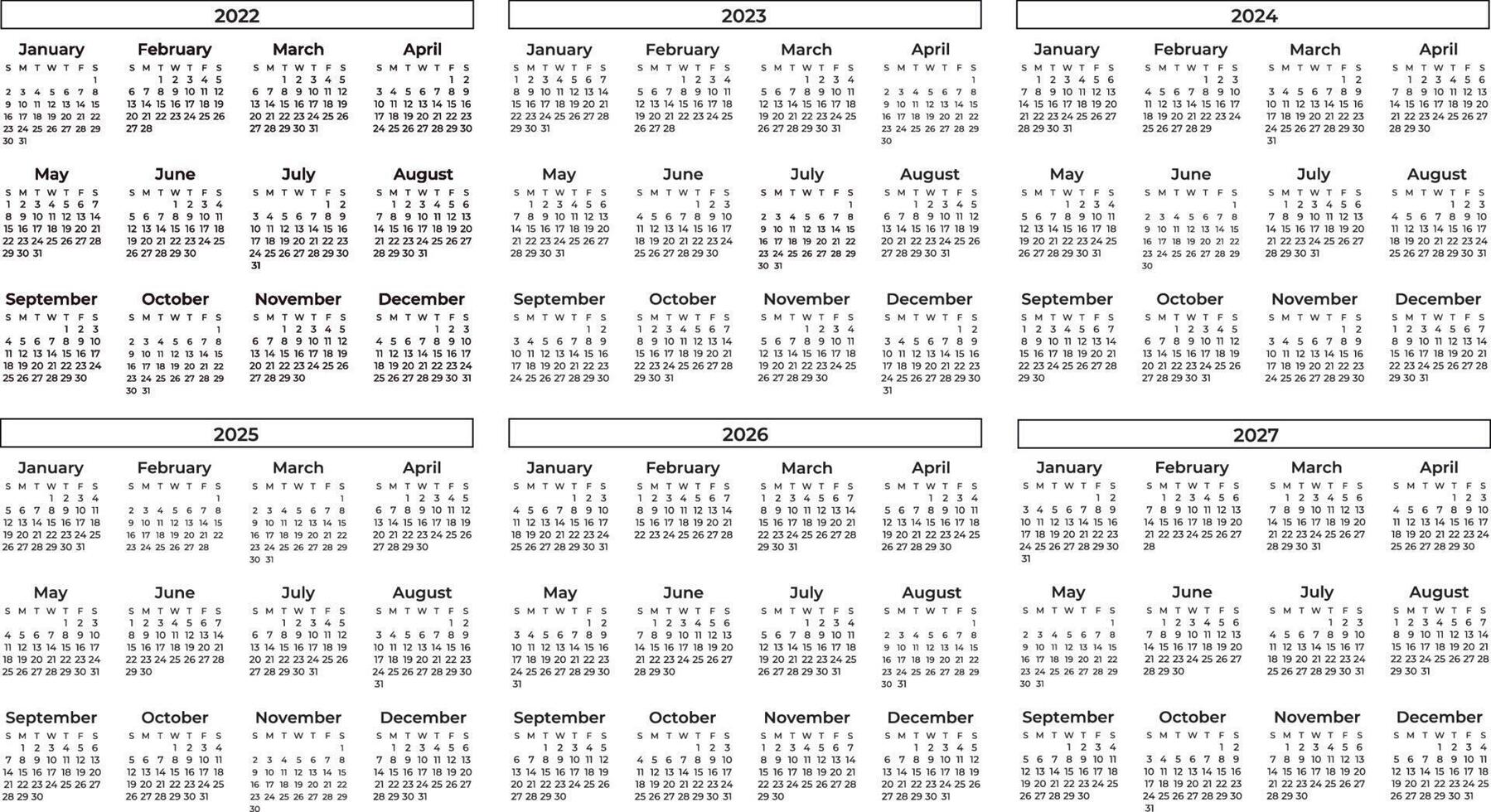 Minimal Calendar Collection 2022 to 2027 vector