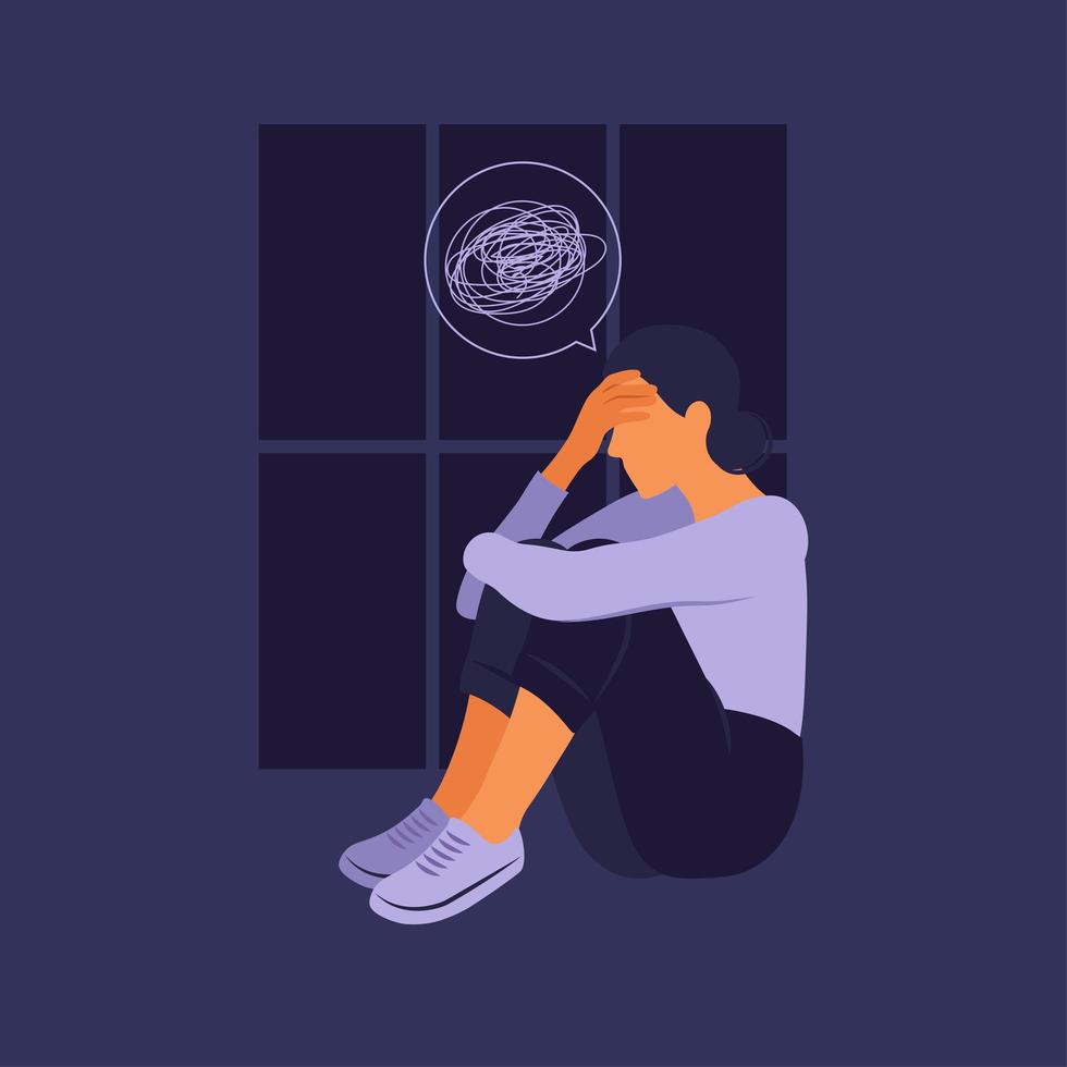 Woman in depression with bewildered thoughts in her mind. Young sad girl sitting in window and hugging her knees. Flat style vector