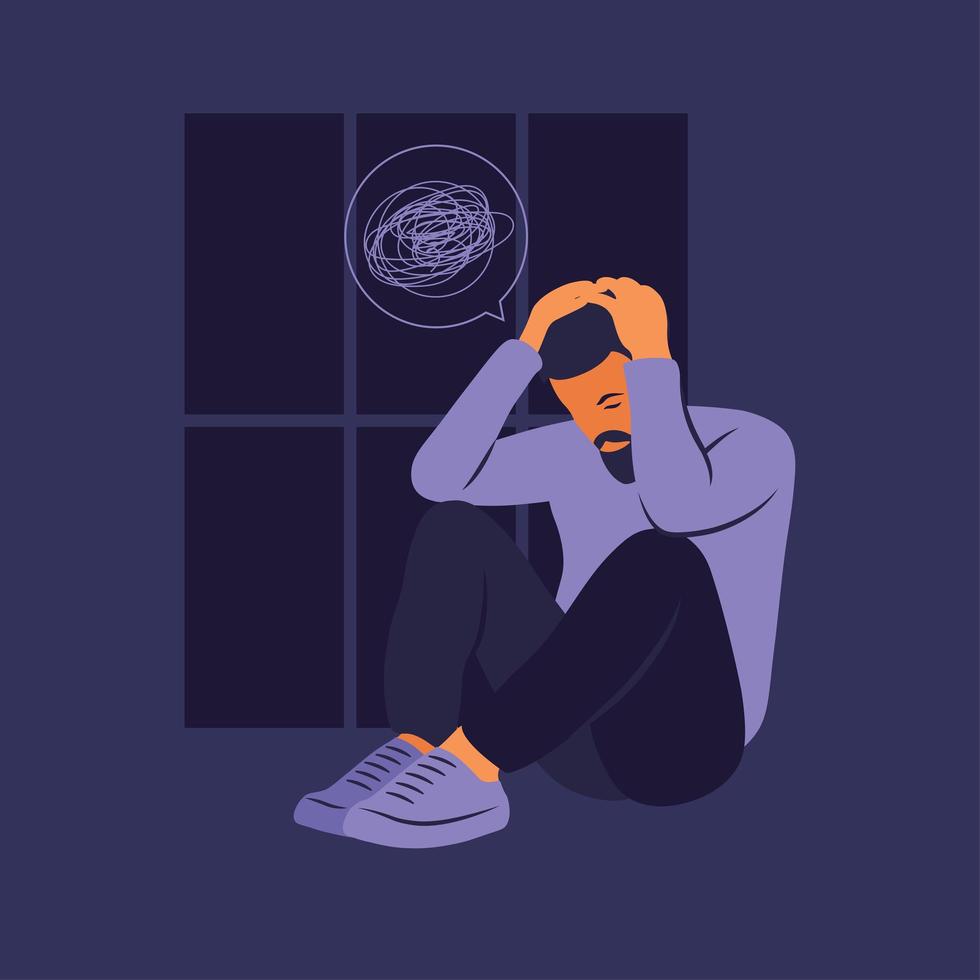 Depressed sad man thinking over problems. Bankruptcy, loss, crisis, trouble concept. vector