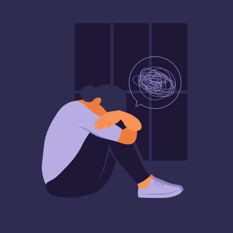 Woman in depression with bewildered thoughts in her mind. Young sad girl sitting in window and hugging her knees. Flat style vector