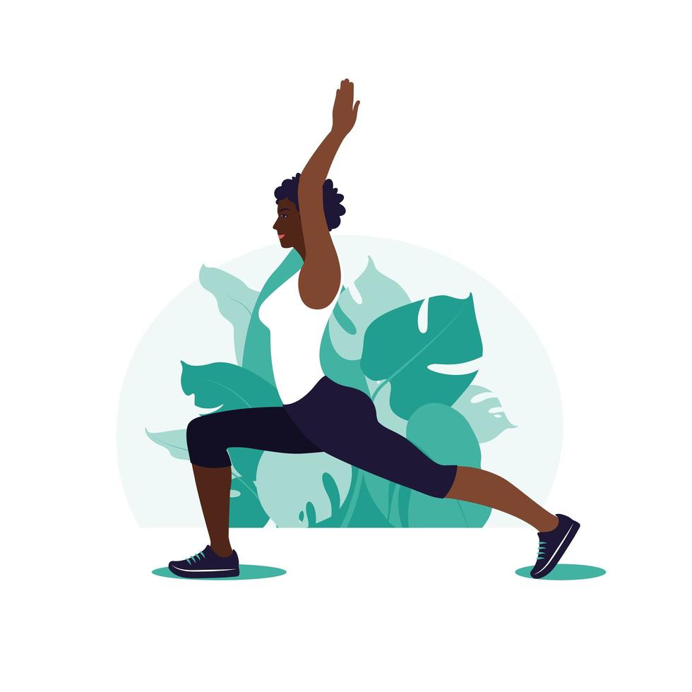 mujer africana haciendo ejercicio en el parque. Deportes al aire libre. estilo de vida saludable y concepto de fitness. ilustración vectorial en estilo plano. vector