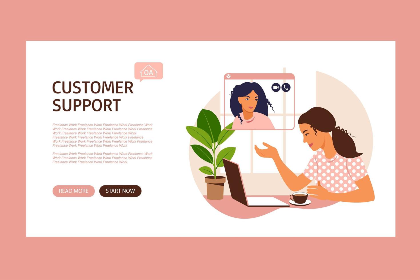 Customer service landing page. Female hotline operator advises client, online technical support. Operator solving problems. Concept for support, assistance, call center. Vector illustration. Flat.