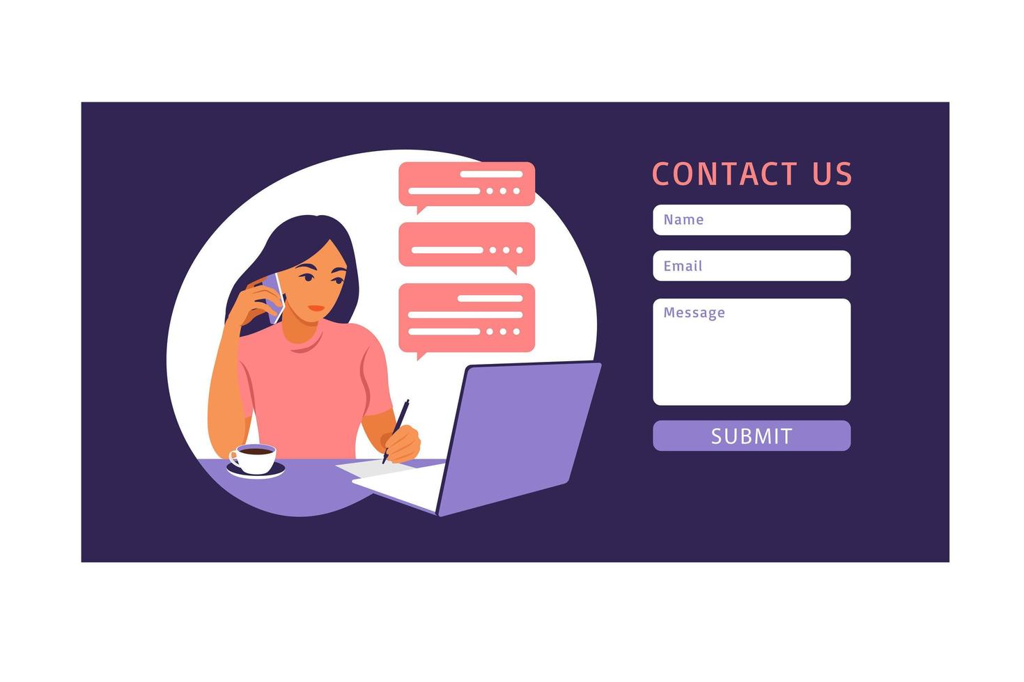 Contact us form template for web and Landing page. Female customer talking with client. Online customer support, help desk concept and call center. Vector illustration in flat.