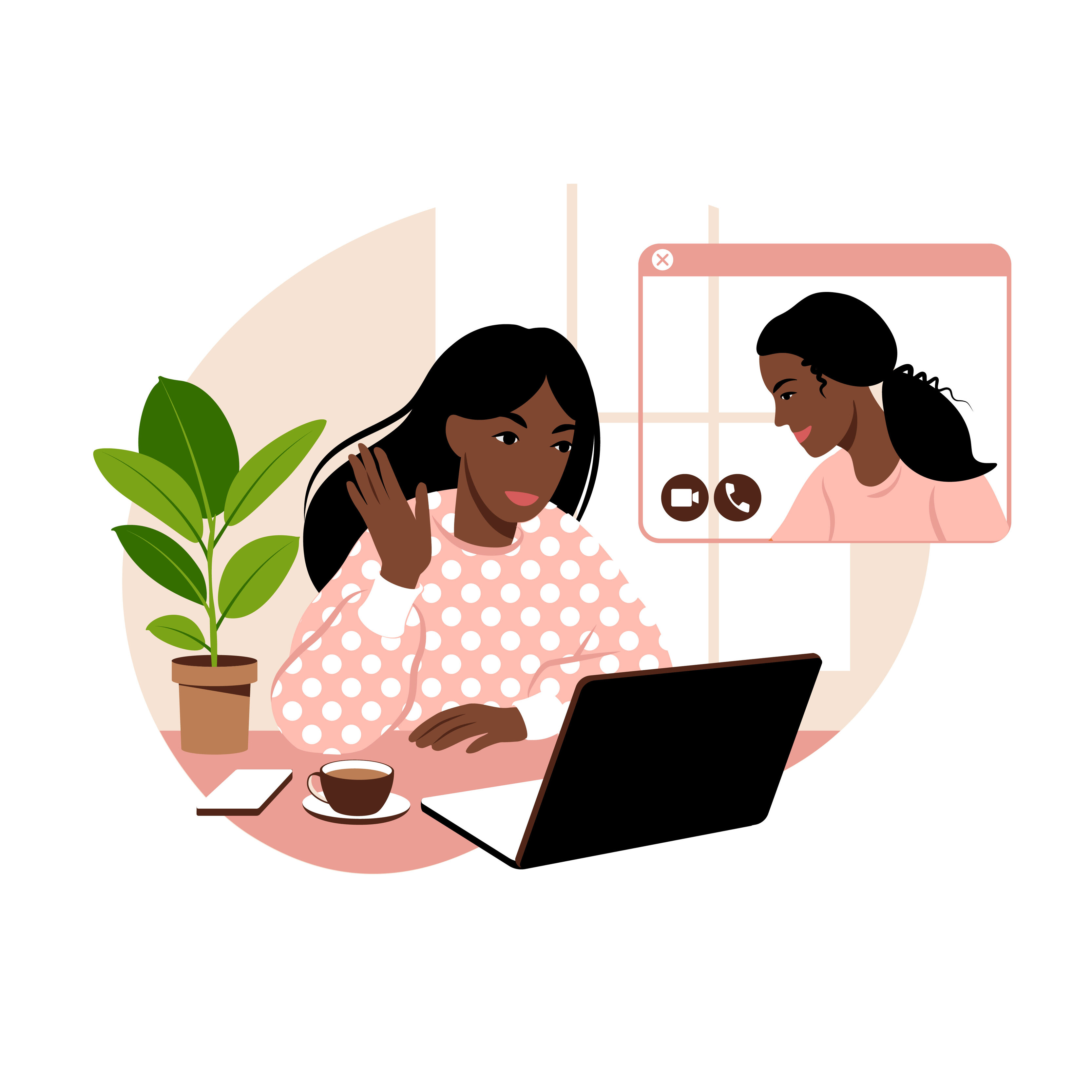 African girl friends chat online. Girl sitting in a chair in front of a  laptop and speaks with friend. Video conference, online chat concept.  Working or online meeting from home. Vector illustration.