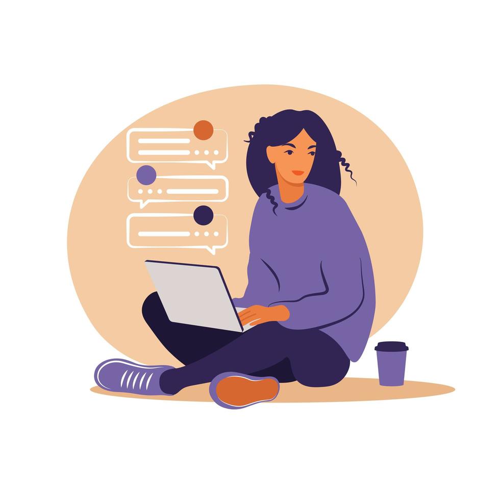 Woman sitting with laptop. Concept illustration for working, studying, education, work from home, healthy lifestyle. Can use for backgrounds, infographics, hero images. Flat. Vector illustration.