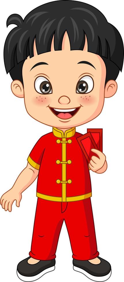 Cartoon happy chinese boy holding an envelope vector