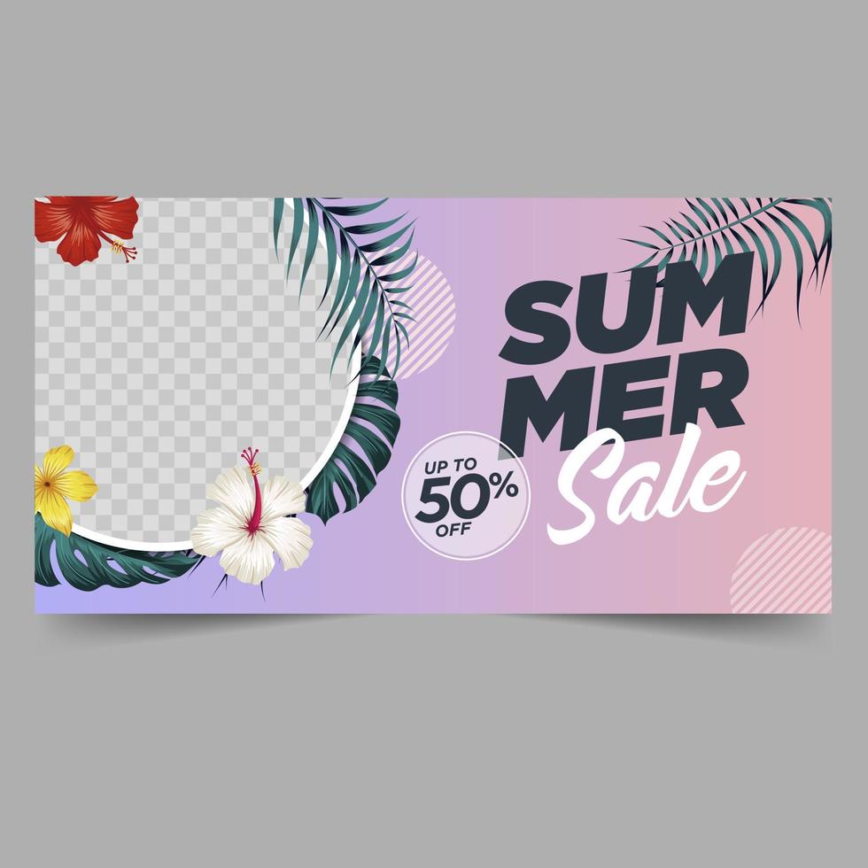 plantilla de banner de venta de verano con fondo de hojas y flores tropicales vector