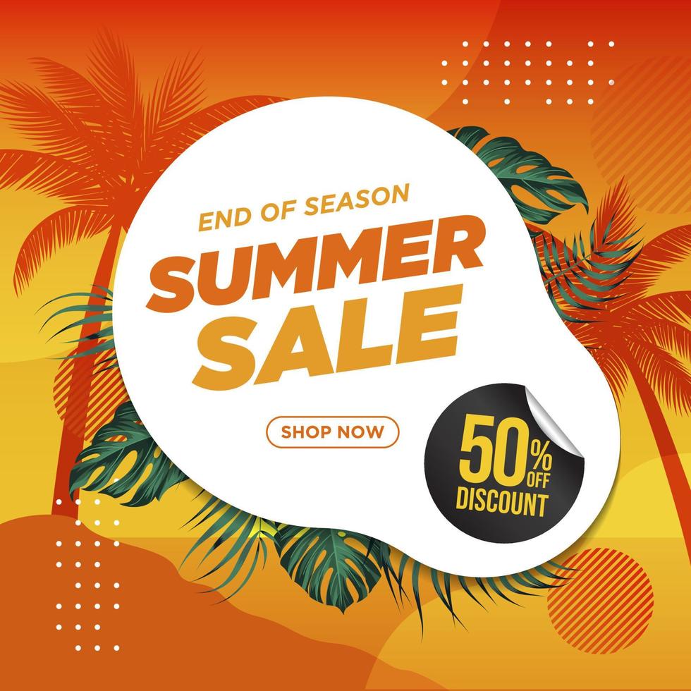 Summer Sale Banner Template  with tropical leaves and sunset background vector