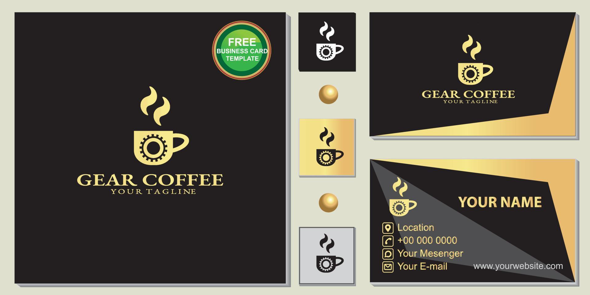Luxury gold gear coffee shop logo, simple black, free premium business card template vector eps 10