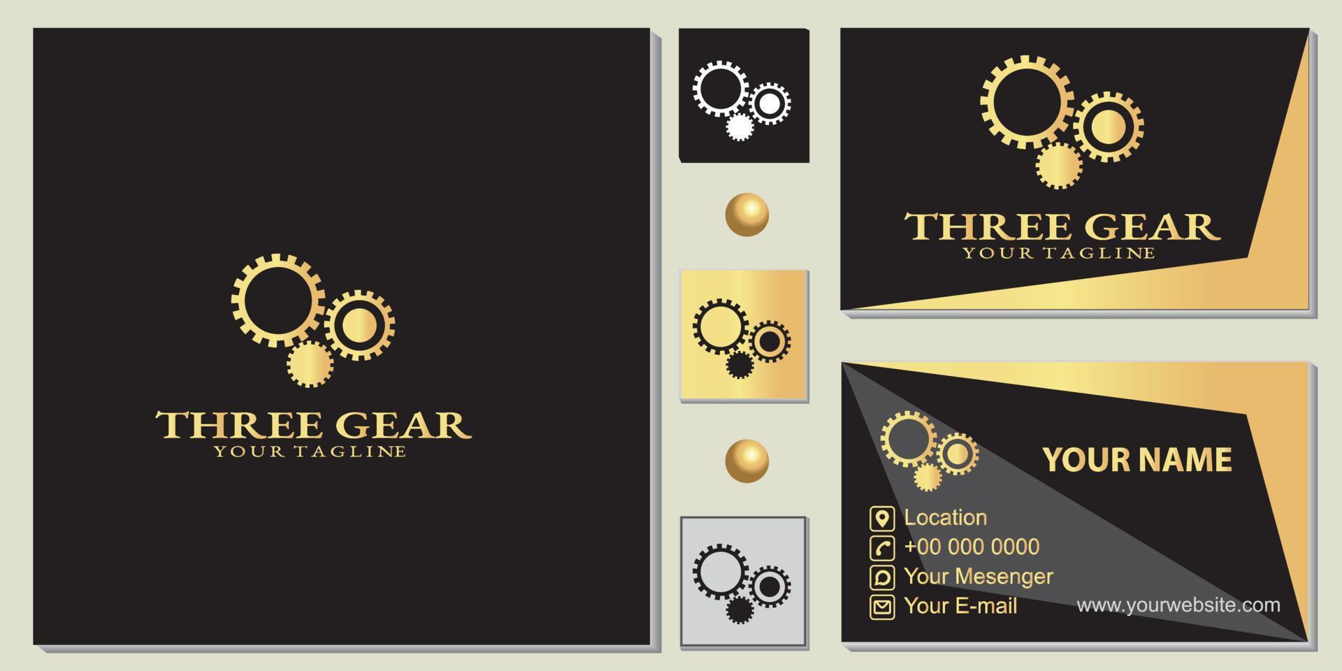 luxury gold three gear logo premium template with elegant business card vector eps 10