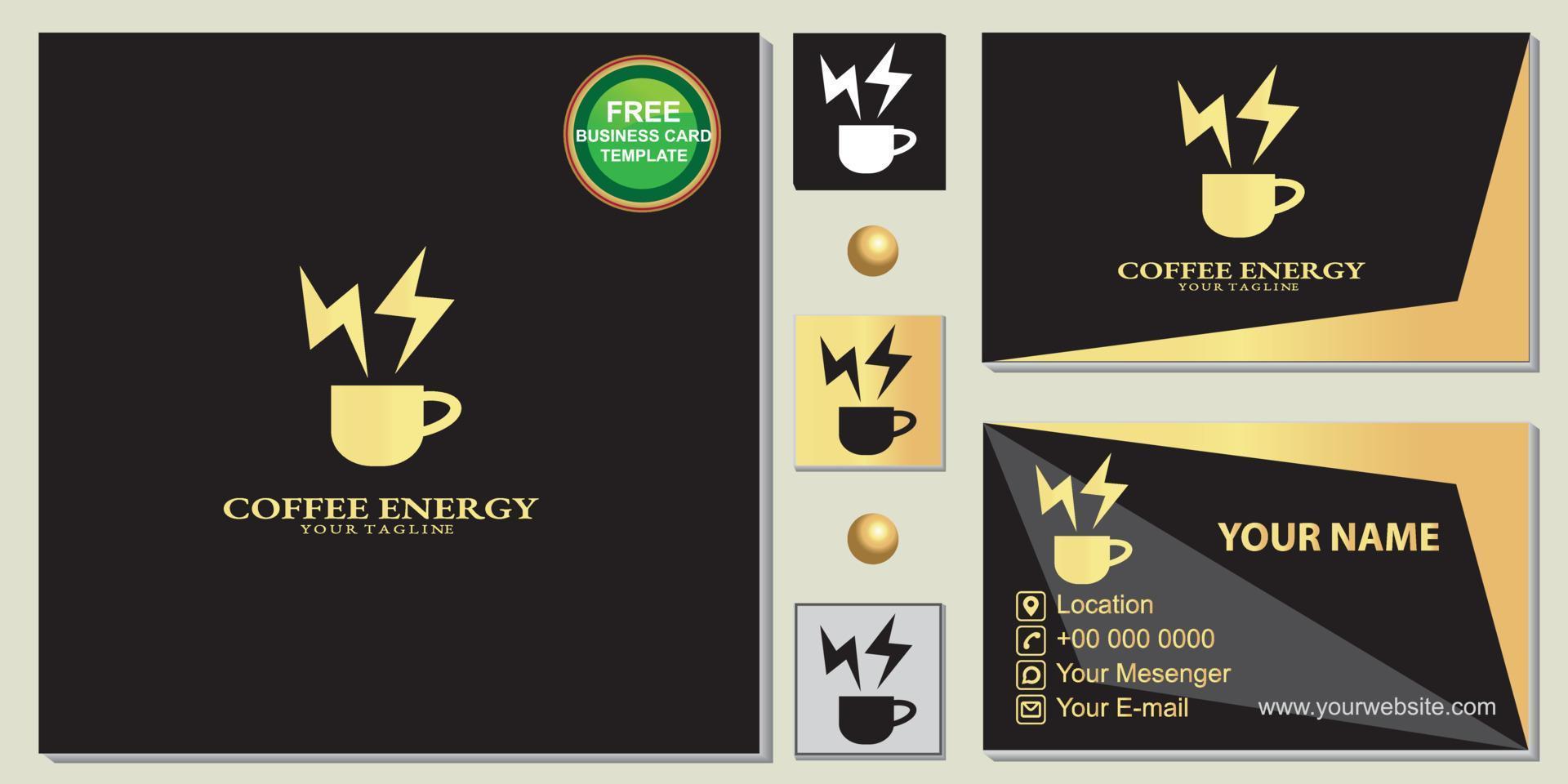 logotipo de la cafetería de energía dorada de lujo, negro simple, plantilla de tarjeta de visita premium gratis vector eps 10