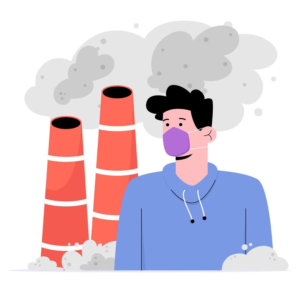 Young man wearing face mask because air pollution vector