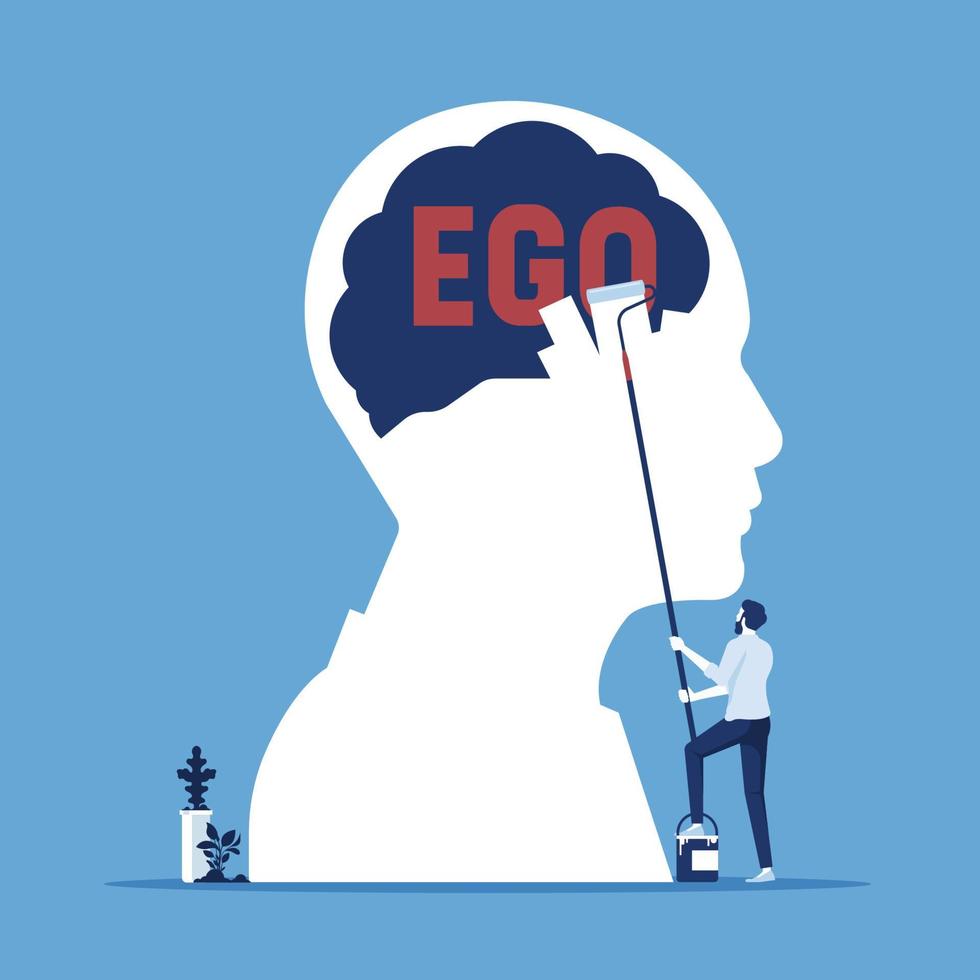 businessman clear word ego out of human brain with paint roller, concept of selfishness as a bad habit from which it is necessary to refuse vector