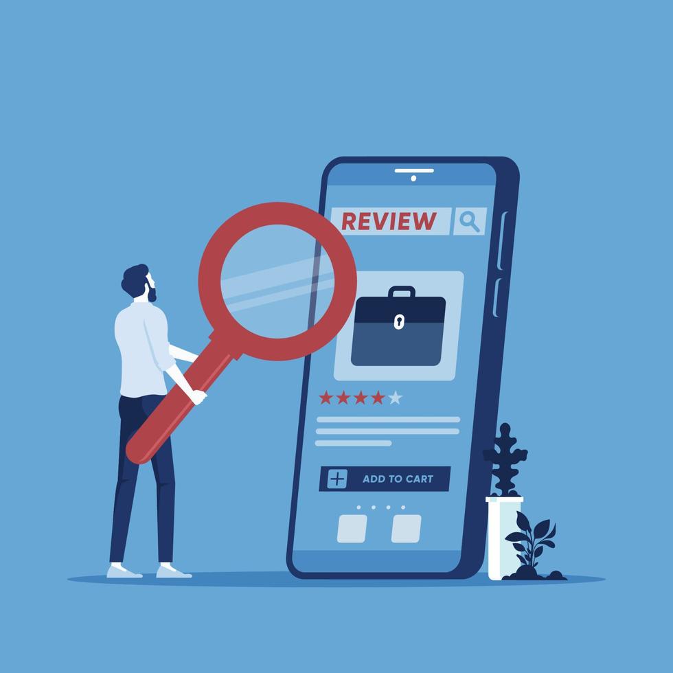 Clients search and reading Review Rating on mobile phone before buy product, customer Experiences vector Concept