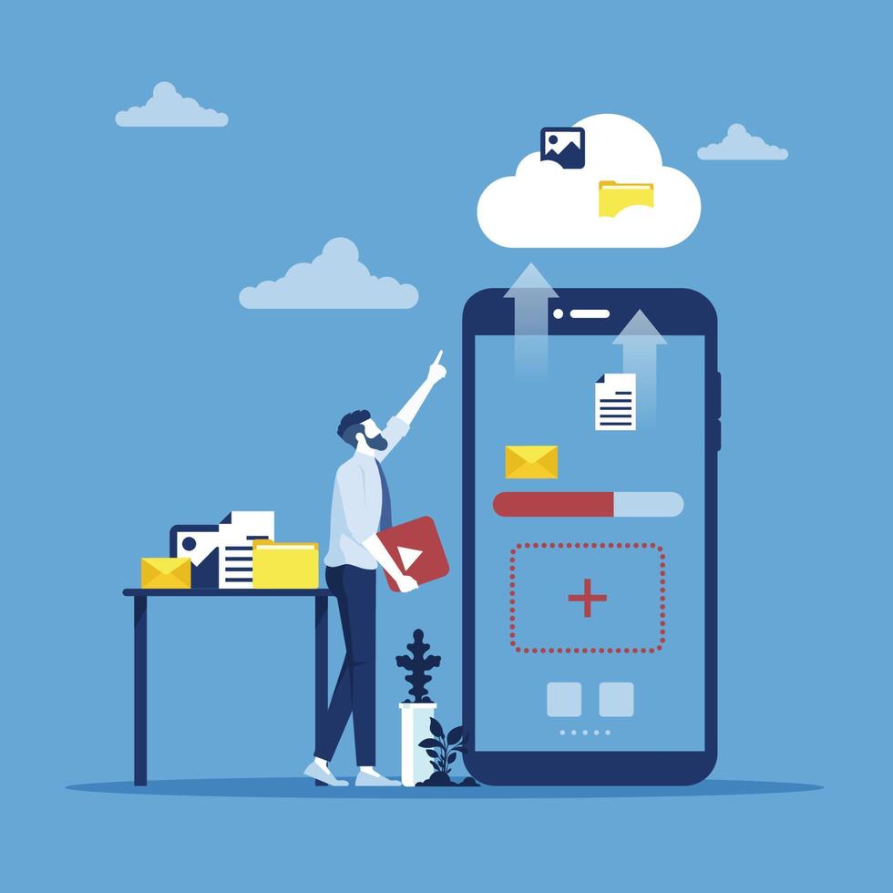 Cloud computing business technology concept with businessman uploading file from smartphone to cloud vector