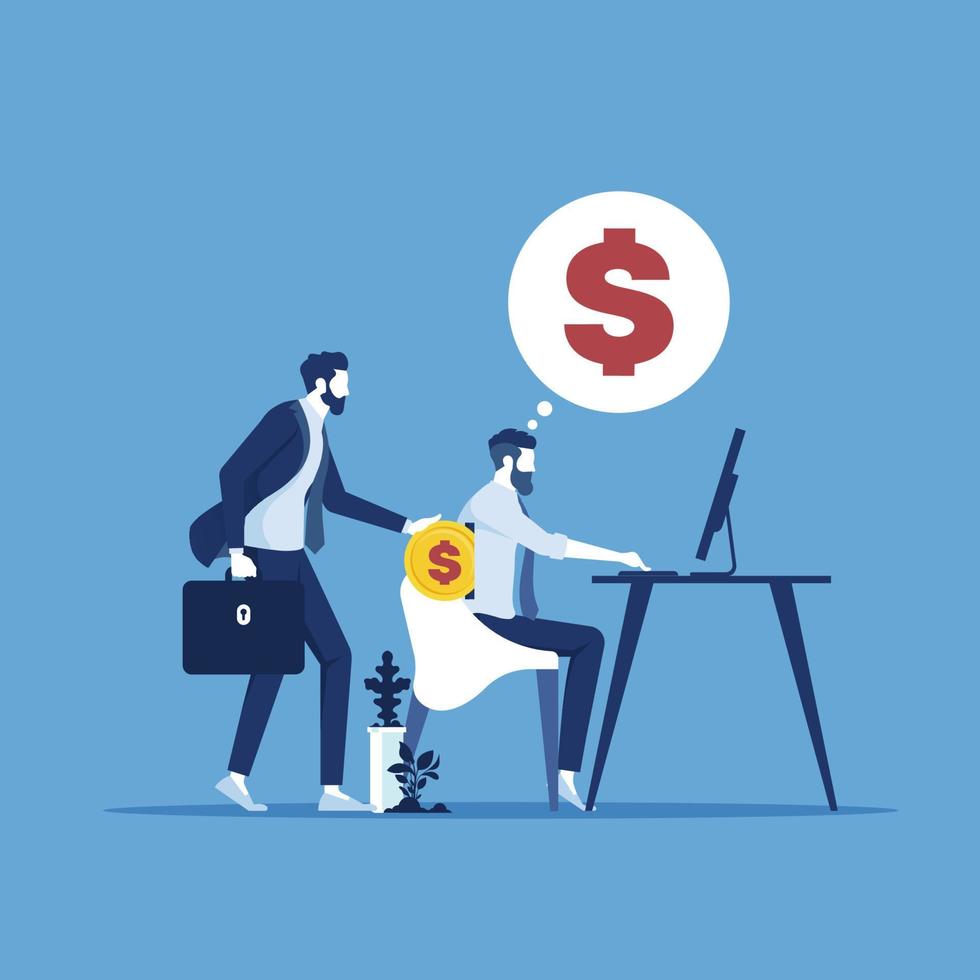 Businessman holding coin inserting into back of businessman, business concept of pay salary to employee worker vector