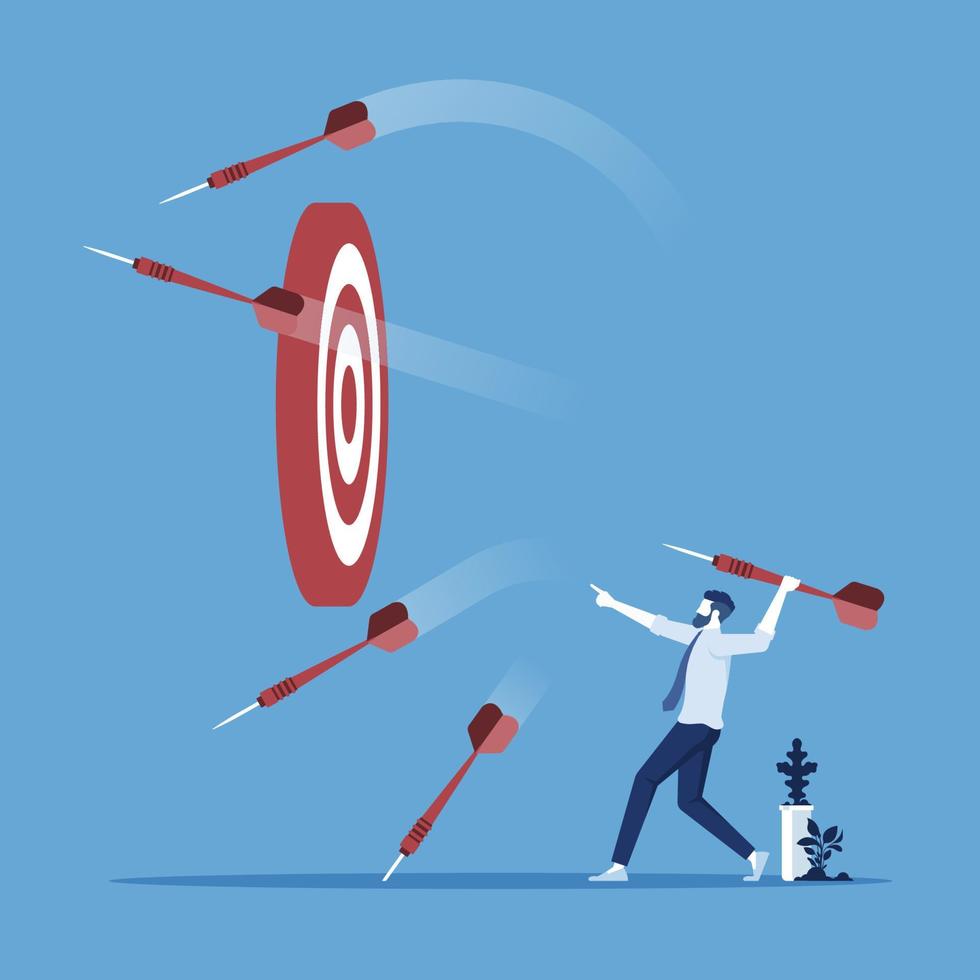 businessman throw many dart arrow hit out of the dartboard, missing the marketing target and customer, fail on company mission and goal vector