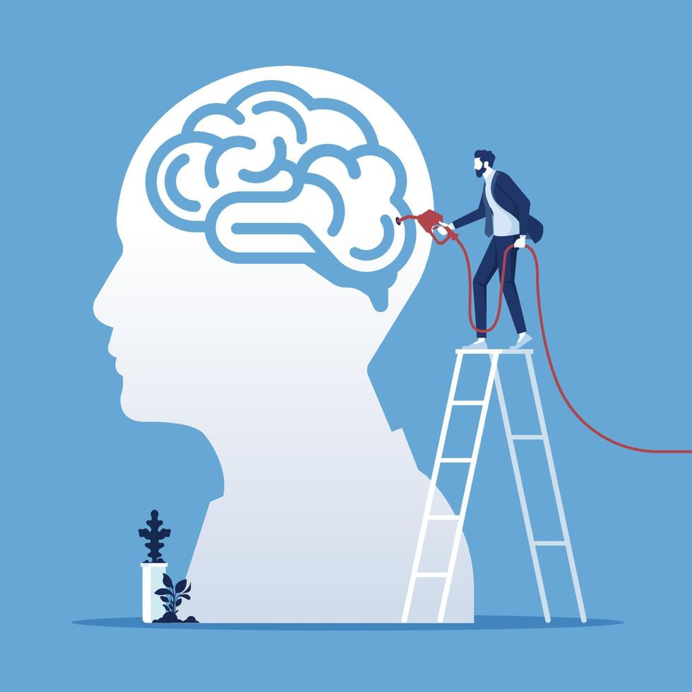 creative fill up and brain power concept with businessman refilled idea to brain, knowledge fill up vector