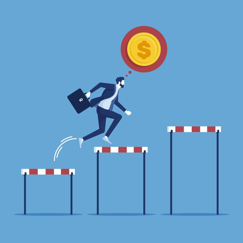 motivated businessman jumping over obstacles for big money and profit, overcomes obstacles and achieves success concept vector