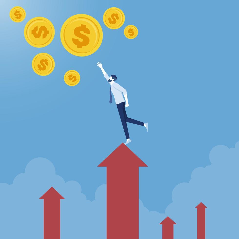 Businessman standing on arrow graph and trying to catch money, financial success and business income concept vector