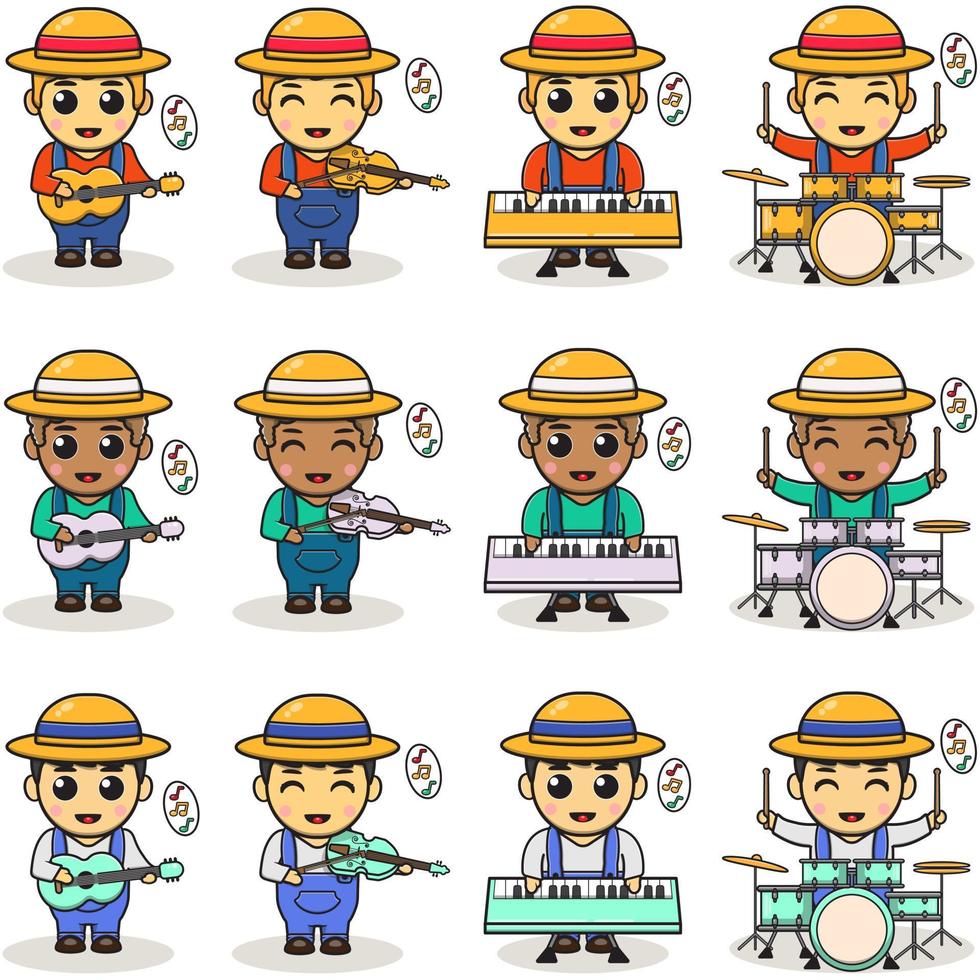 Vector illustration cartoon of cute Boy farmer playing Music instrument