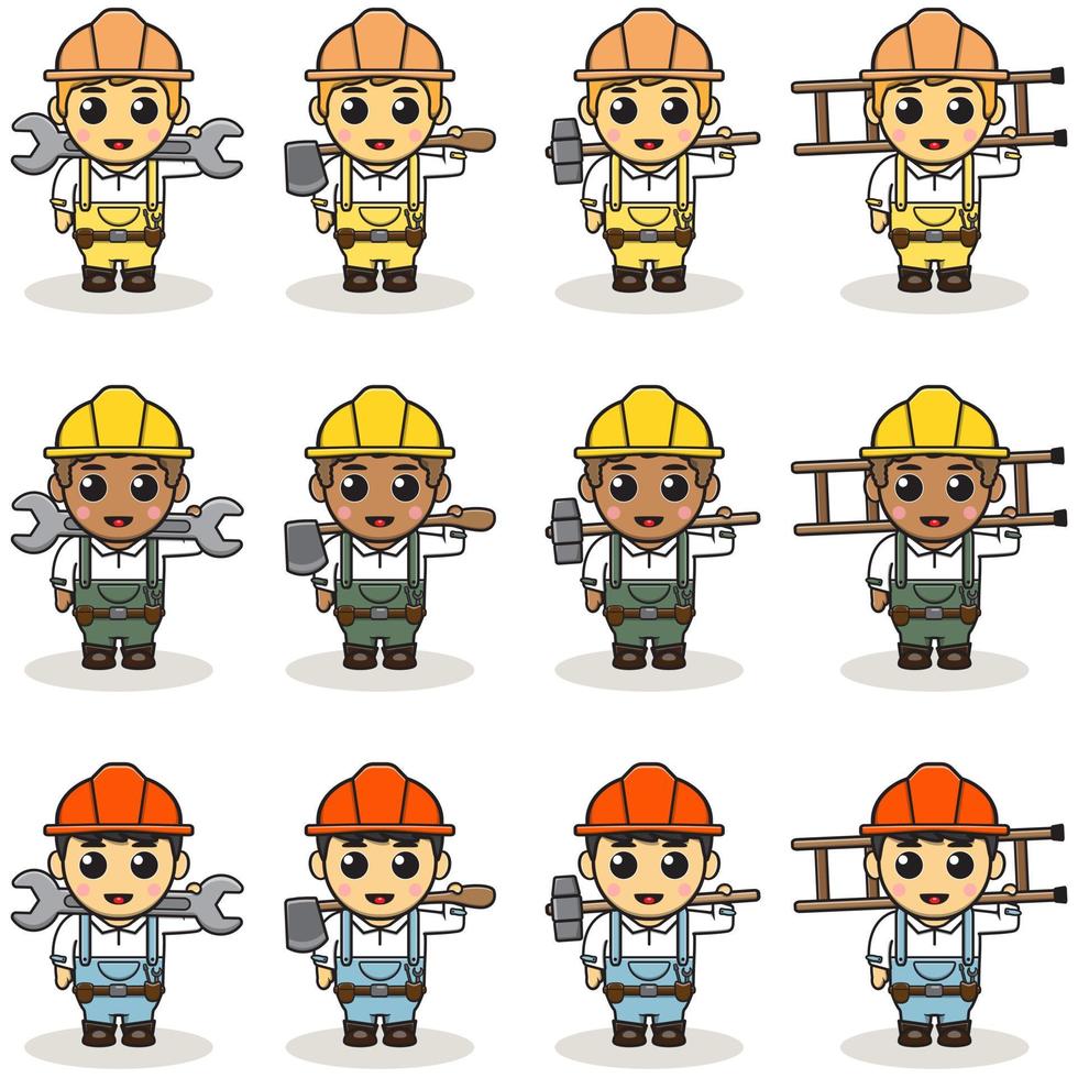 Vector Cartoon illustration of an happy Handyman with wrench, axe, hammer and ladder.