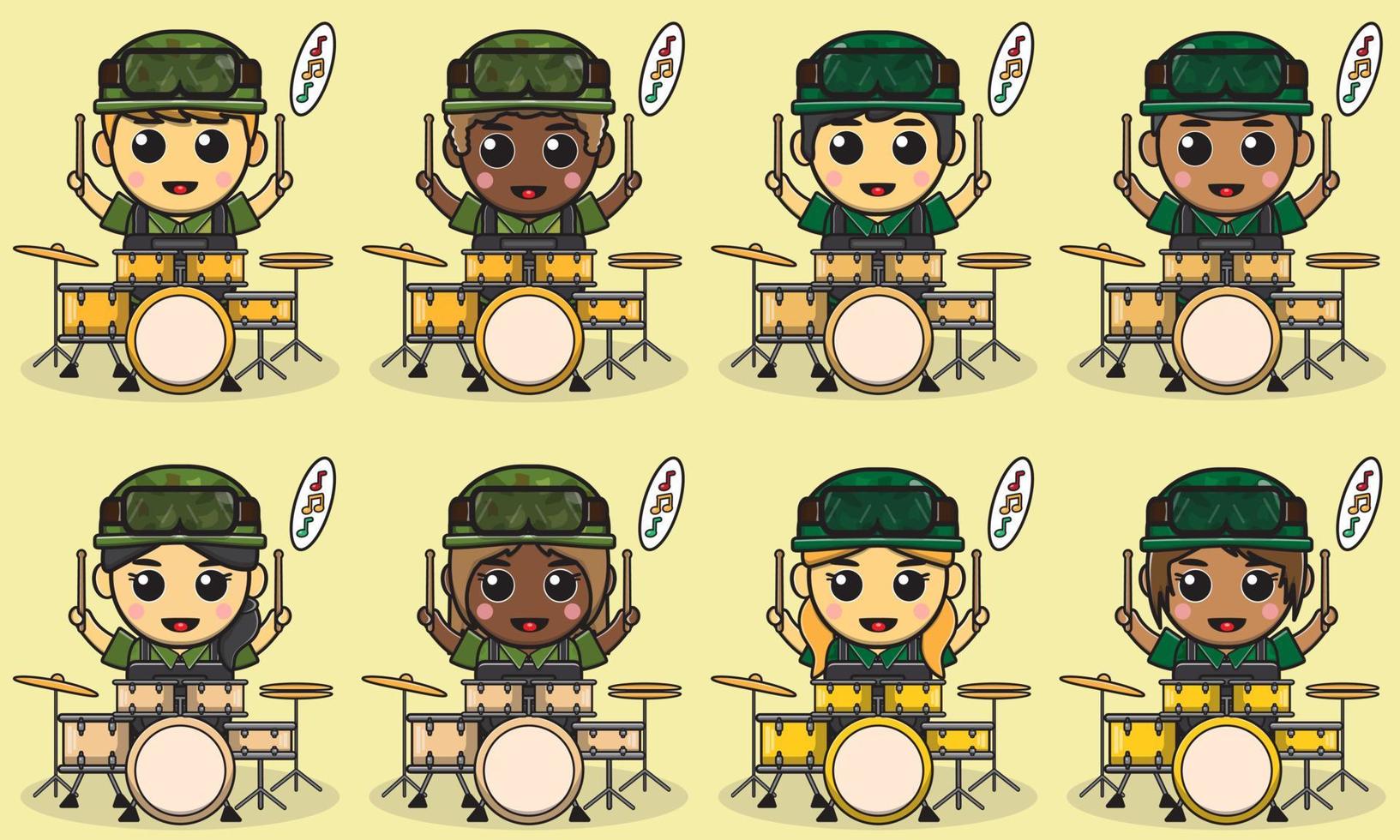 Vector illustration cartoon of cute Soldier playing Drums.
