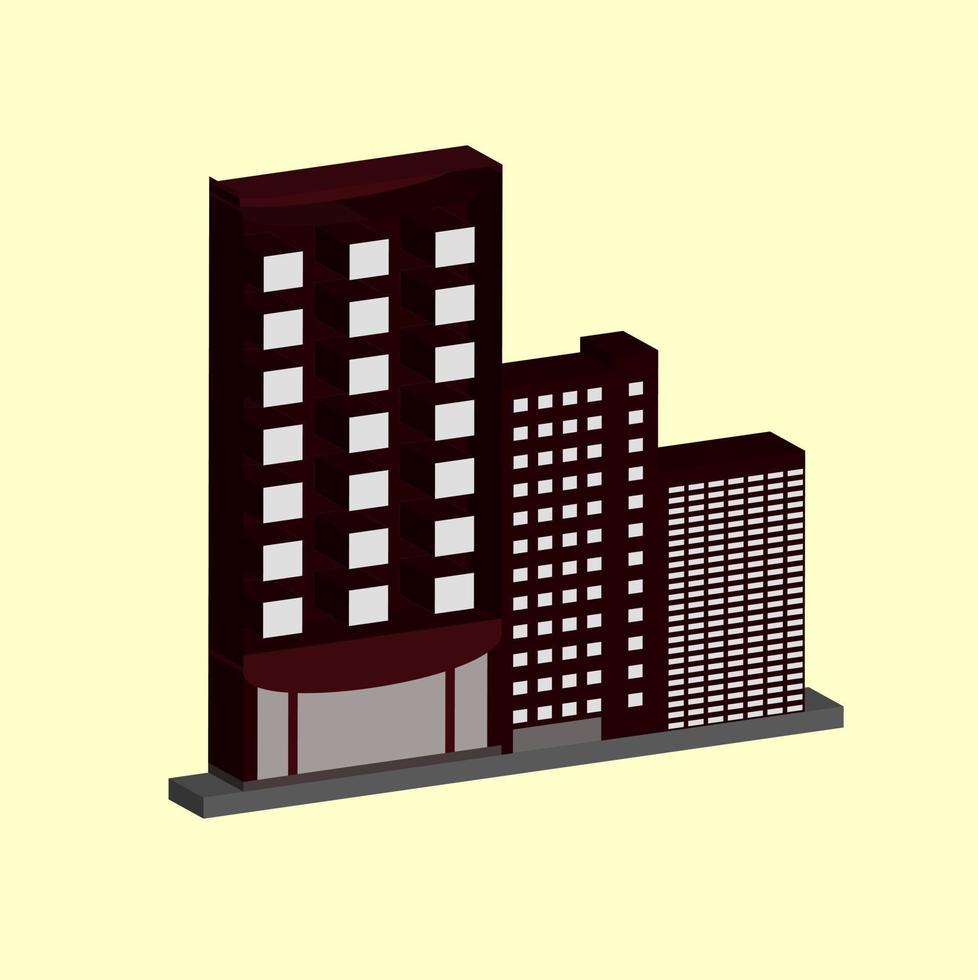 Vector 3D icon building on night view, office, apartment, penthouse, working space.