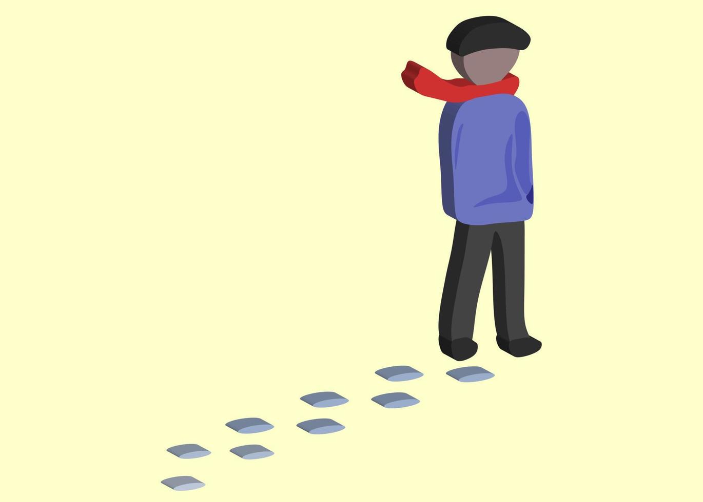 3D vector icon of a man wearing coat, gloves and scarf, winter theme with footprints. Best for your property decoration images