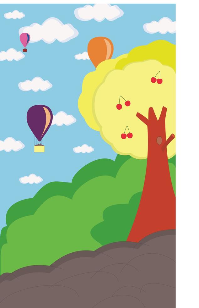 Natural scenery of blue sky, hot air balloons and trees vector