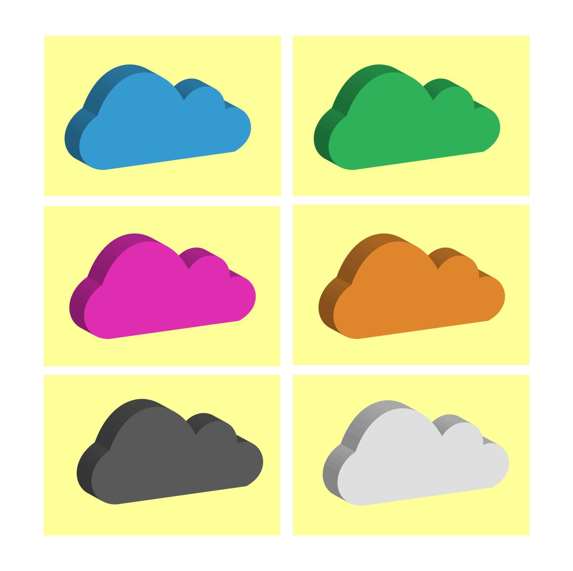 3D vector icon clouds with blue, green, orange, mauve, dark, and white