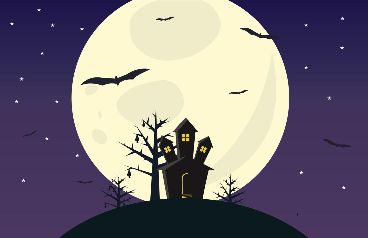 vista vectorial del cielo nocturno de luna llena, estrellas, murciélagos, casa antigua y árboles. misteriosa ilustración de amigos de la casa. mejor para fondos y fondos de pantalla vector