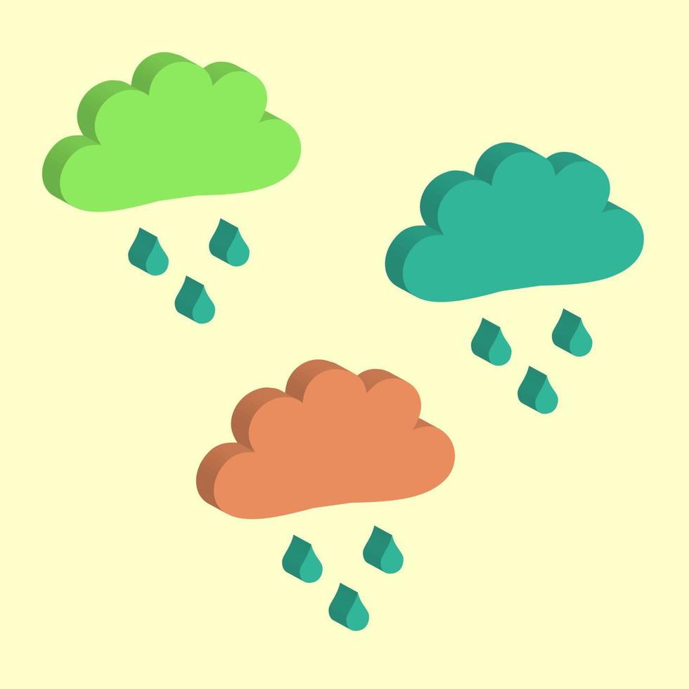 3D vector icon cloud colored turquoise, green and orange, with and blue raindrops in the rainy season, nature theme with weather property decoration
