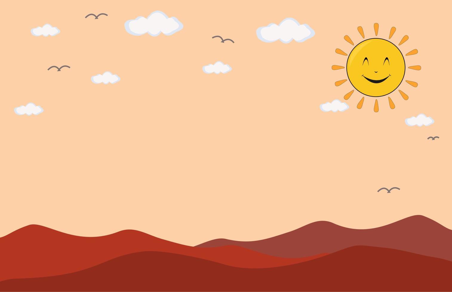 Natural scenery of mountains, sun, clouds and birds, vector illustration, best for background and wallpaper