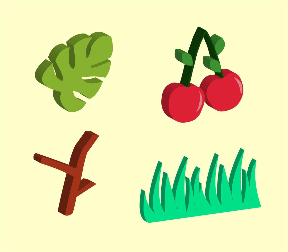 3D vector icon from tropical plant green leaves, cherry, grass and tree trunk. Best for your decoration property images
