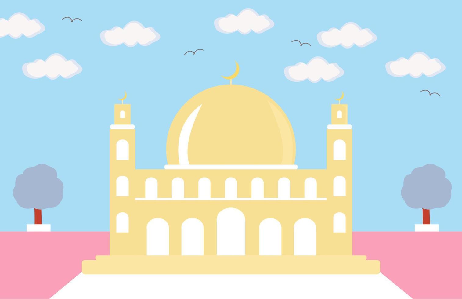 Beautifull Mosque, with cloud and bird. vector illustration on a blue background for ramadan theme. colorful picture