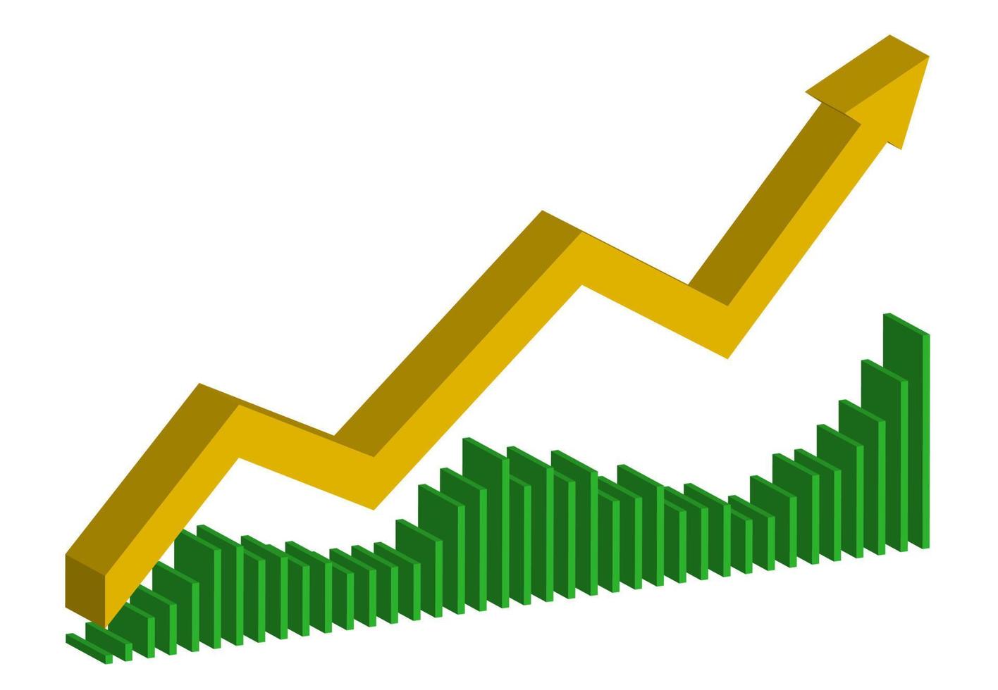 3D vector icon yellow arrow and green chart bar diagram, up and down progress.