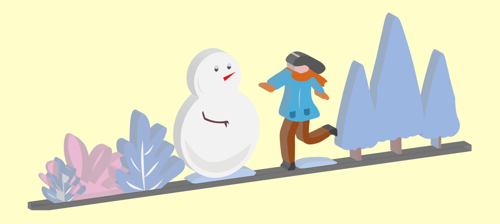 Vector 3d icon winter theme with snowman, tree covered by snow, grass and girl.