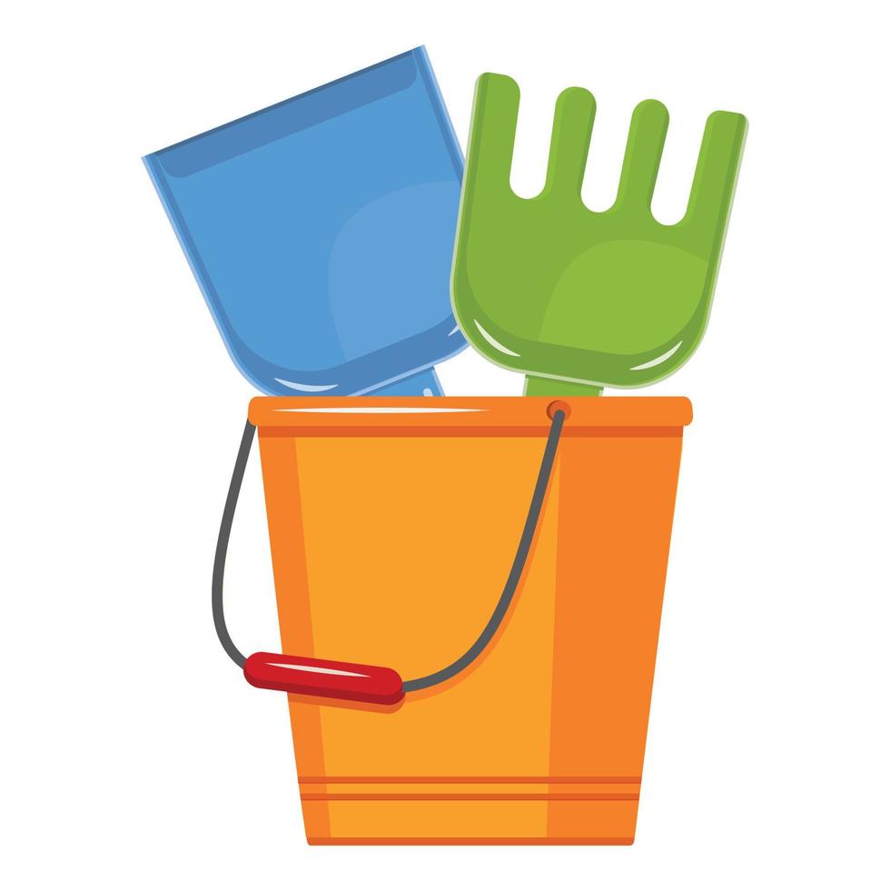 Bucket, shovel and rake for sandbox, isolated vector illustration