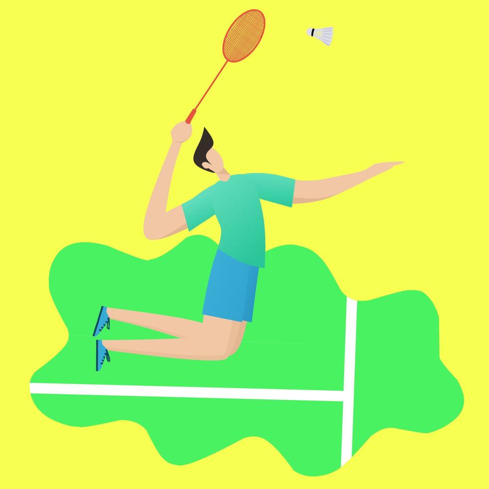 Professional badminton player approaching the shuttlecock to make a strong smash shot. flat vector illustration.