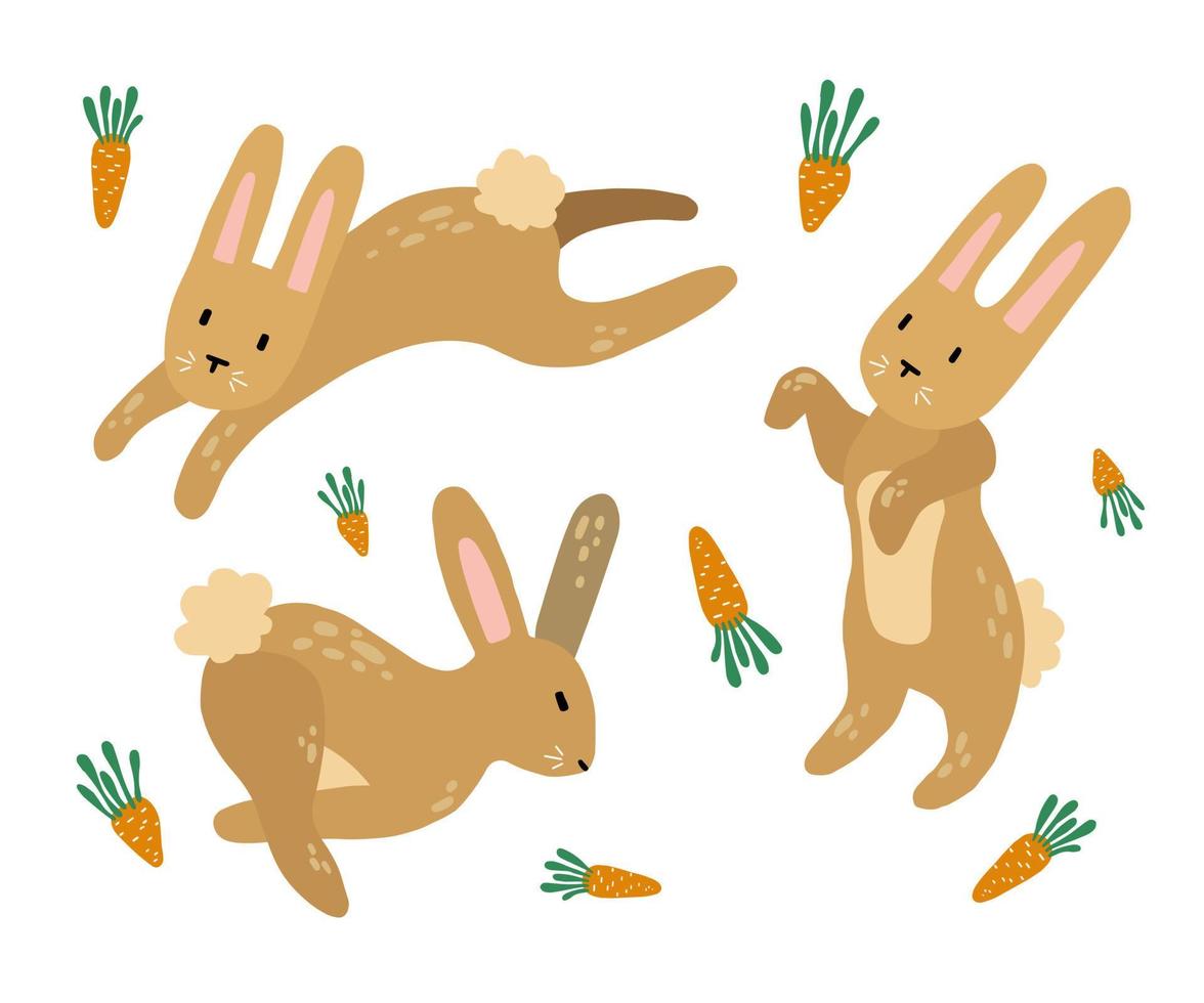Bunnies set. Cute hand draw of jumping rabbits. children's print. Vector illustation on white background