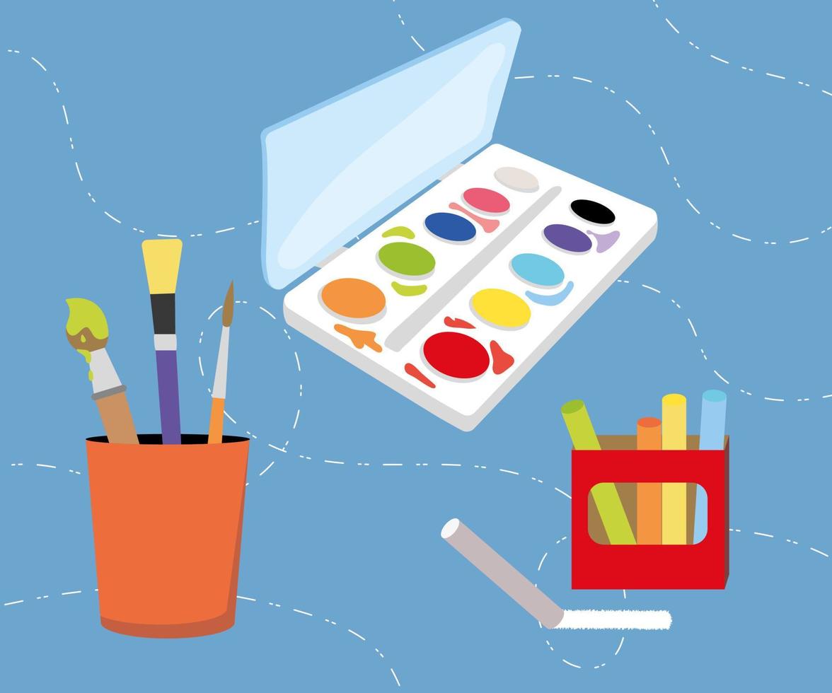 Painting supplies. watercolors, brushes and crayons. Vector illustration in a flat style. Children Print.