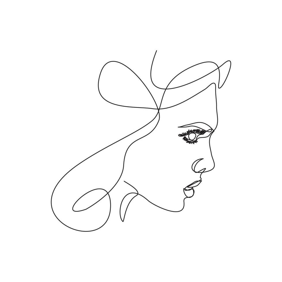 Continuous line drawing of beautiful girl face. Single one line art of attractive young woman portrait female beauty concept. Black and white vector illustration