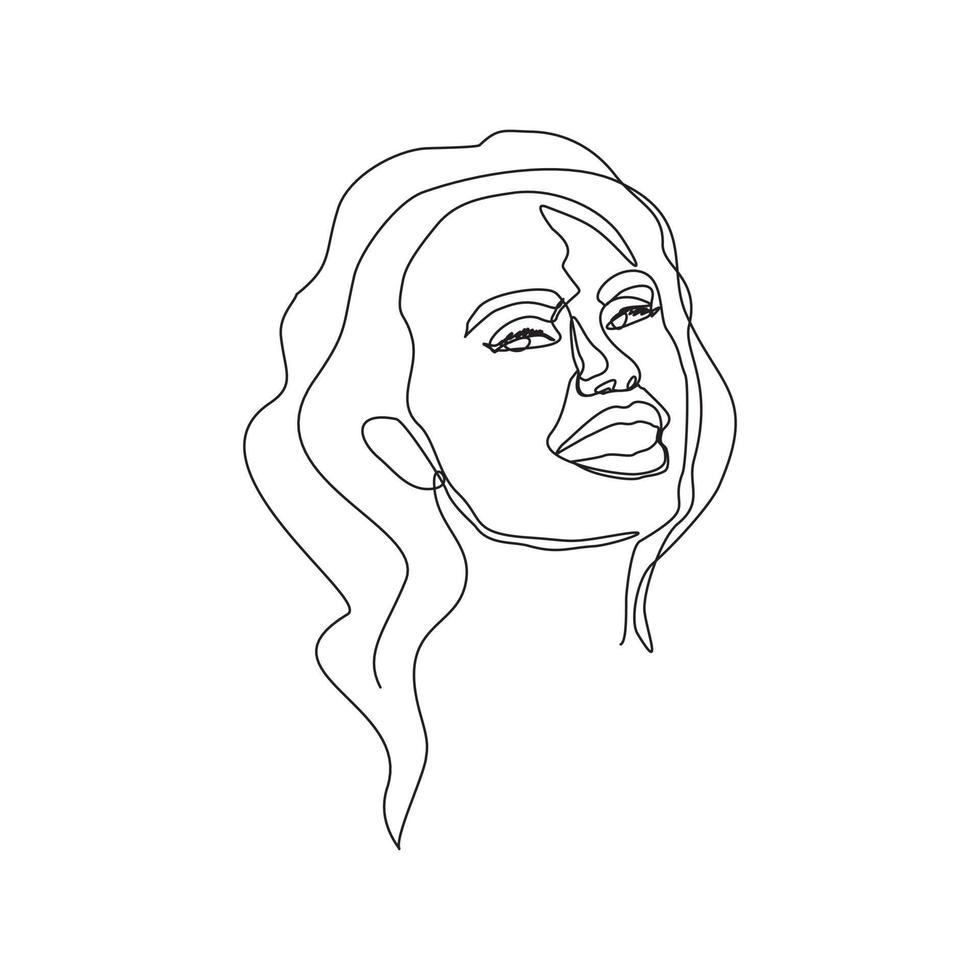 Continuous line drawing of beautiful girl face. Single one line art of attractive young woman portrait female beauty concept. Black and white vector illustration