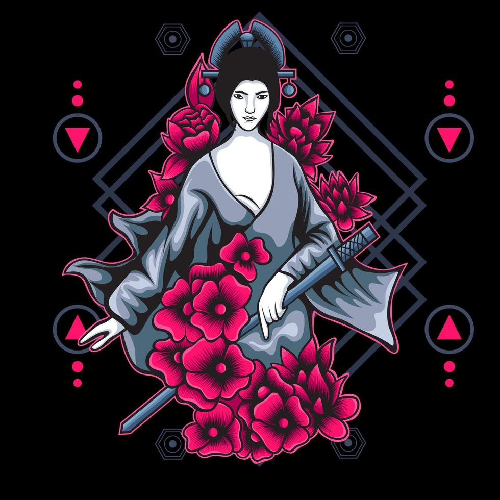 geisha illustration with sacred geometry background vector