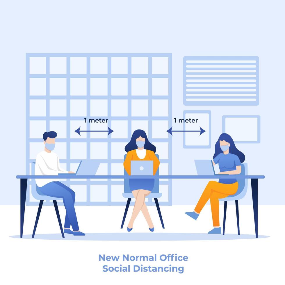 business meeting new normal after pandemic. group of people wearing mask to prevent virus. social distancing illustration vector