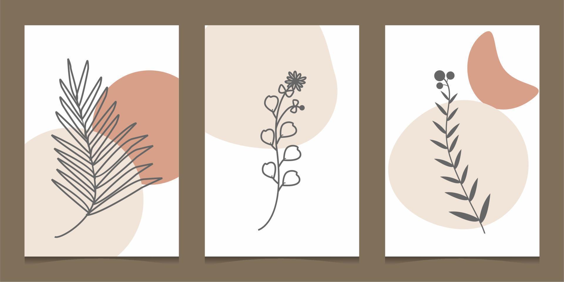 Wall art vector set. Line art drawing with abstract shape and nature object. Minimalist vector illustration